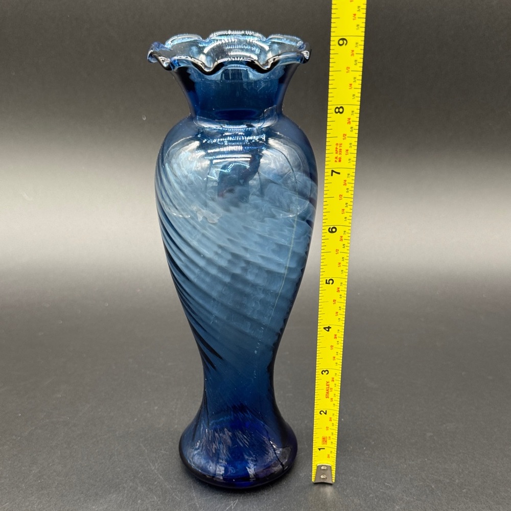 Scalloped Blue Swirl Twisted Art Glass Bud Vase - Picture 2 of 5